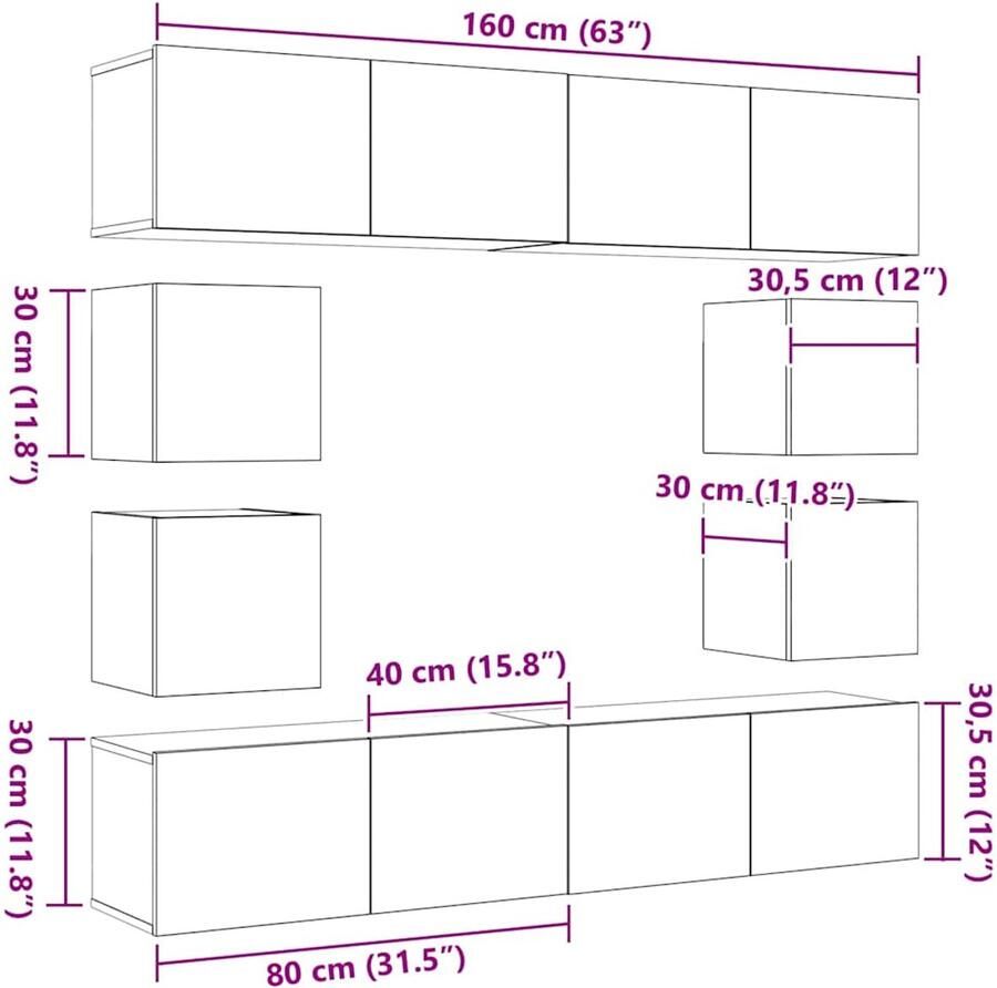 VidaXL 6-delige TV Kast Set Wandmontage Zwart Eiken Samengesteld Hout Zwart Eiken TV Stand 80x30x30 cm van Samengesteld Hout Wandkast TV 2 stuks Zwart Eiken 30 5x30x30 cm
