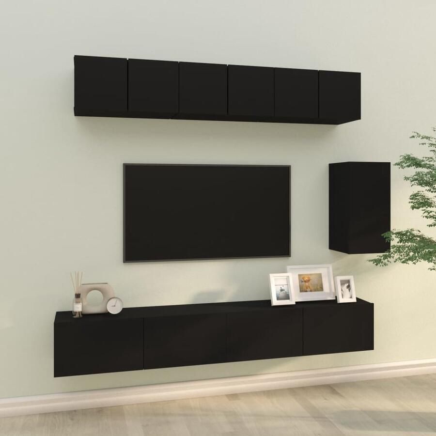 VidaXL 6-delige zwarte tv-meubelset hout Televisiesecretaris Tv Kast Wandmontage Houten Meubilair Zwart Meubilair Opbergruimte Saloninrichting - Foto 2