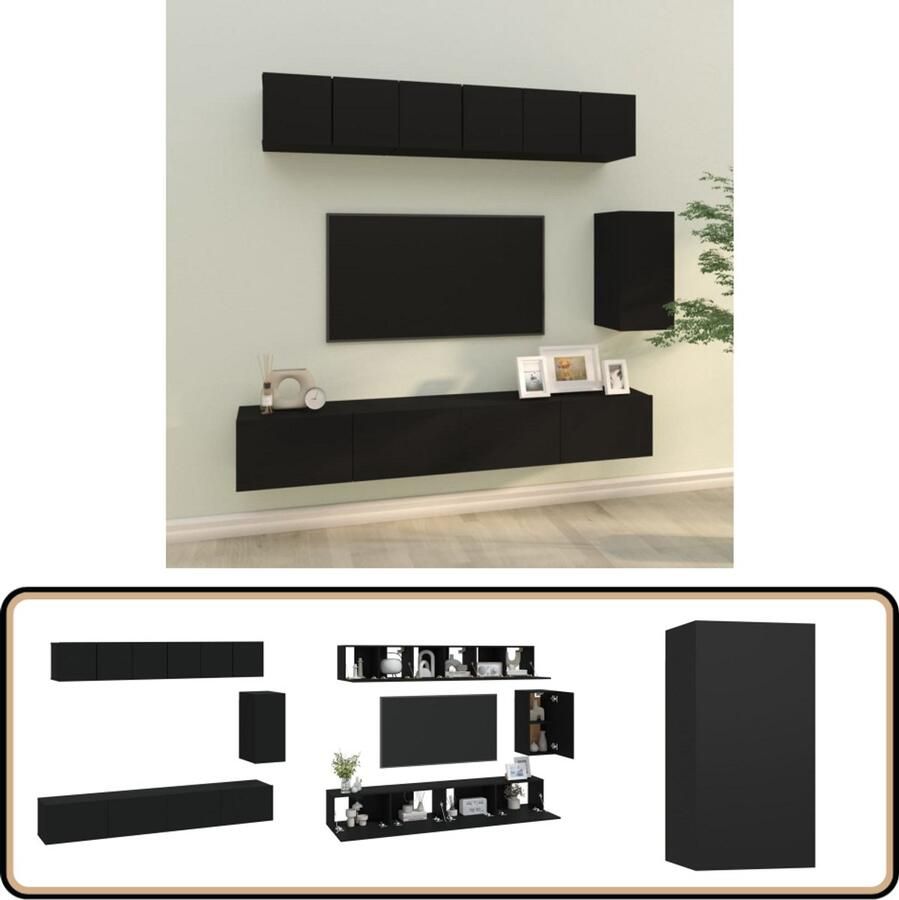 VidaXL 6-delige zwarte tv-meubelset hout Televisiesecretaris Tv Kast Wandmontage Houten Meubilair Zwart Meubilair Opbergruimte Saloninrichting