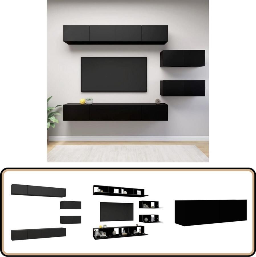 VidaXL 6-delige zwarte Tv-meubelset hout Tv Kasten Houten Tv Kast Tv Meubelset Wandmontage Tv Kast Living Room Furniture Black Tv Stand