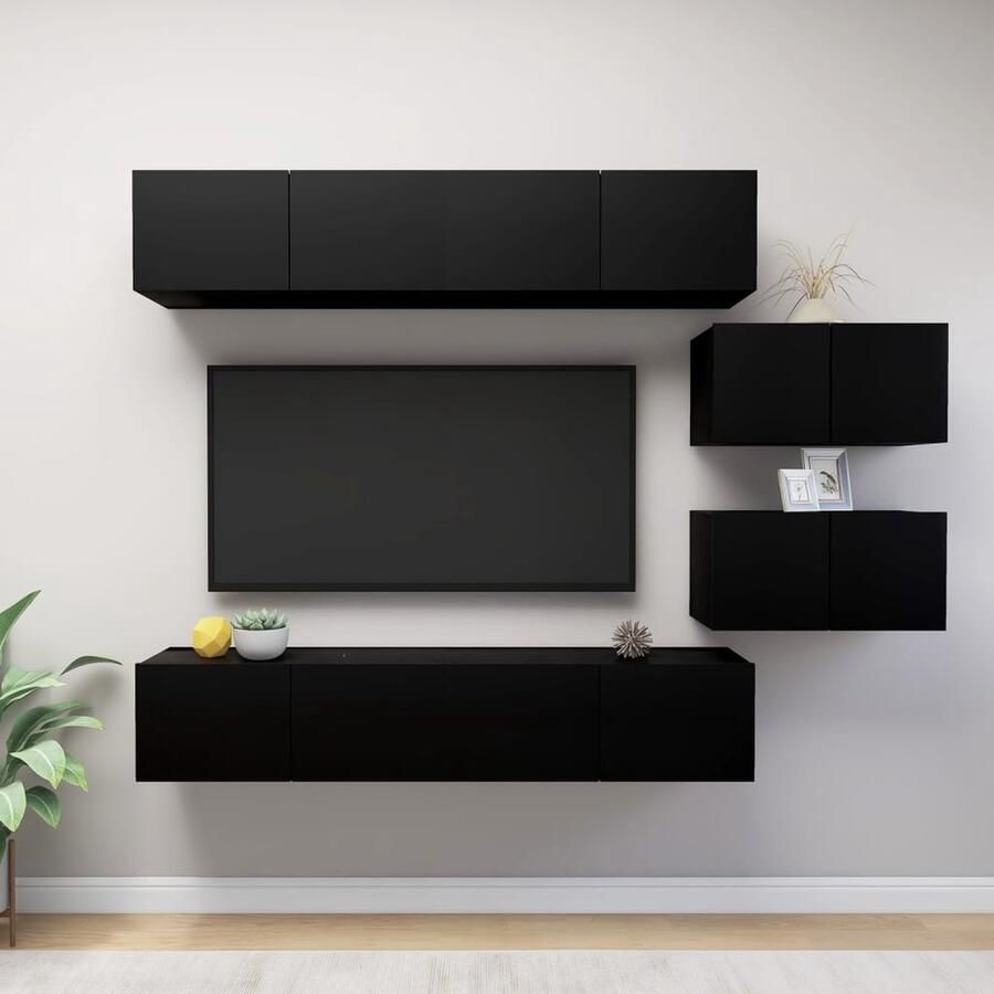 VidaXL 6-delige zwarte tv-meubelset hout Tv-meubelset Houten Tv-kast Zwart Wandmontage Tv-kast Tv-kamer Meubilair Livingroom Furniture Media Storage - Foto 2