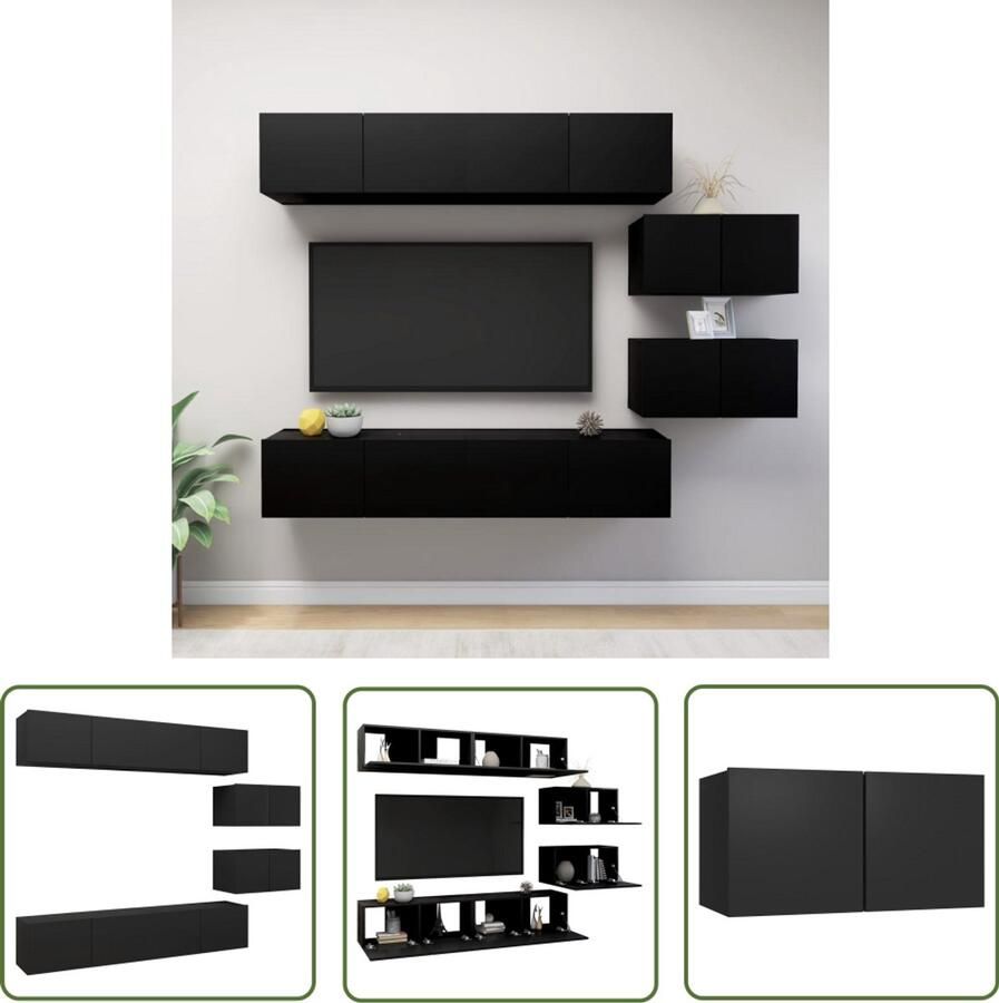 VidaXL 6-delige zwarte tv-meubelset hout Tv-meubelset Houten Tv-kast Zwart Wandmontage Tv-kast Tv-kamer Meubilair Livingroom Furniture Media Storage