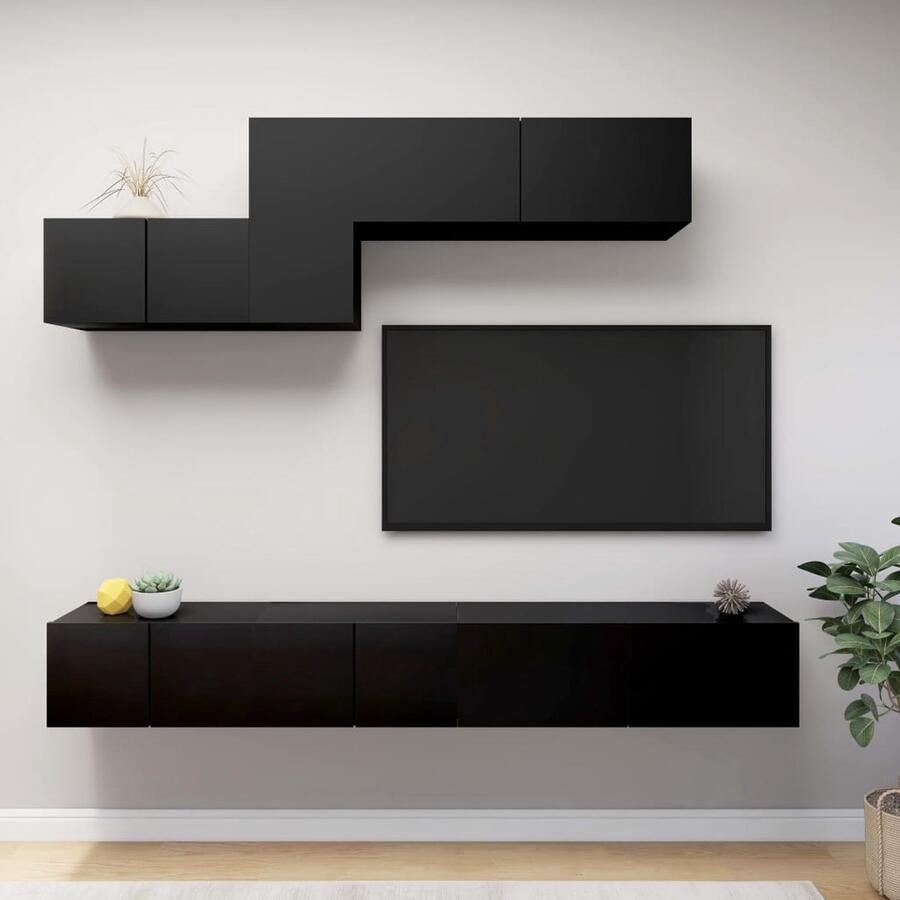 VidaXL 6-delige zwarte tv-meubelset hout Tv-meubelset Houten Tv-meubel Tv-kast Wandmontage Zwart Tv-meubel Livingroom Furniture Opbergruimte - Foto 2