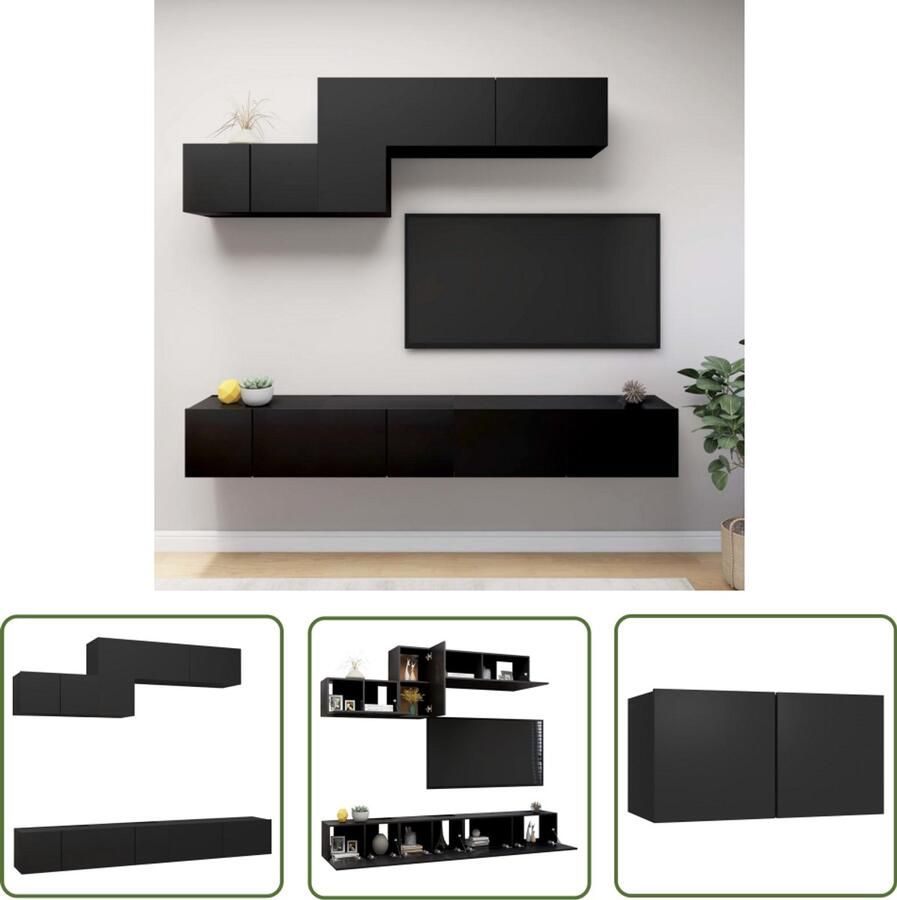 VidaXL 6-delige zwarte tv-meubelset hout Tv-meubelset Houten Tv-meubel Tv-kast Wandmontage Zwart Tv-meubel Livingroom Furniture Opbergruimte