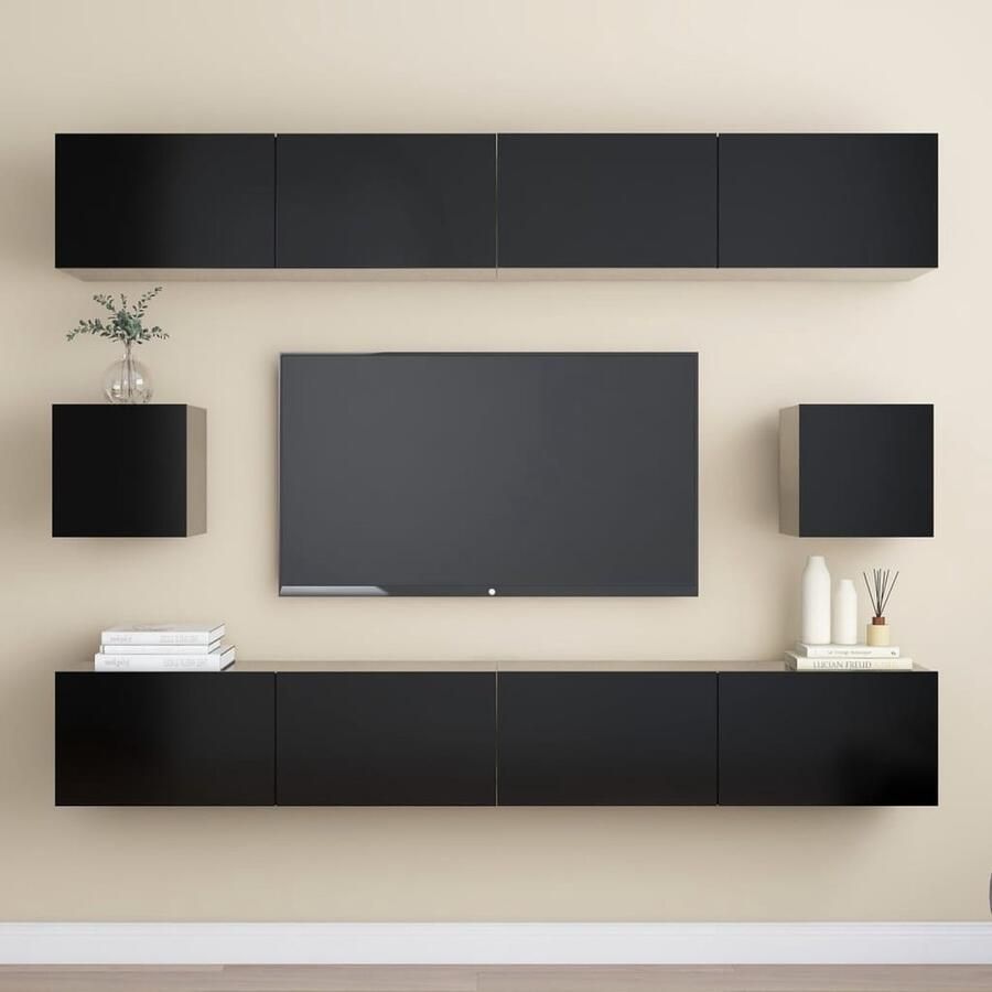 VidaXL 6-delige zwarte tv-meubelset spaanplaat Televisiescherm Wandmontage Tv Kast Salontafel Opbergkast Houten Tv Stand Media Kast Living Room Furniture - Foto 2