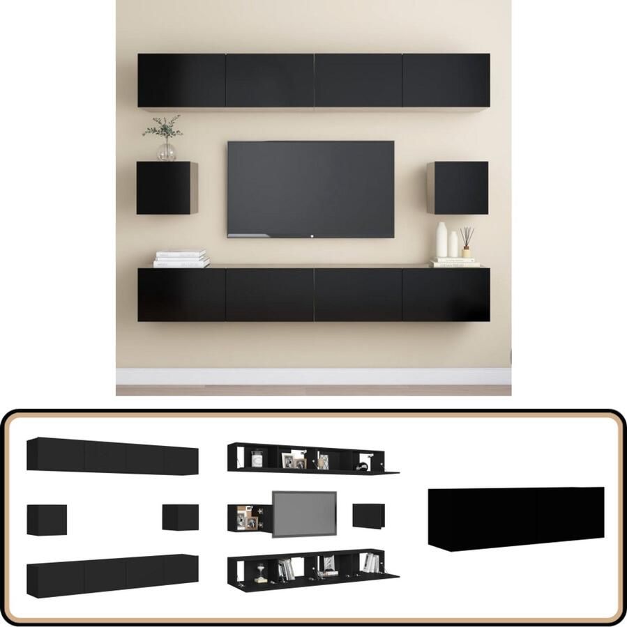 VidaXL 6-delige zwarte tv-meubelset spaanplaat Televisiescherm Wandmontage Tv Kast Salontafel Opbergkast Houten Tv Stand Media Kast Living Room Furniture