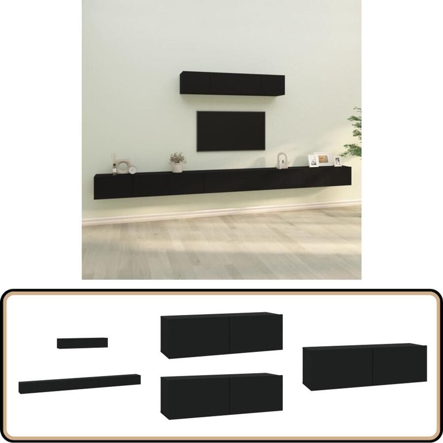 VidaXL 6-delige zwarte tv-meubelset van hout TV Meubel Tv Kast Houten Tv Stand Wandmontage Tv Unit Salontafel Living Room Furniture Black Tv Cabinet
