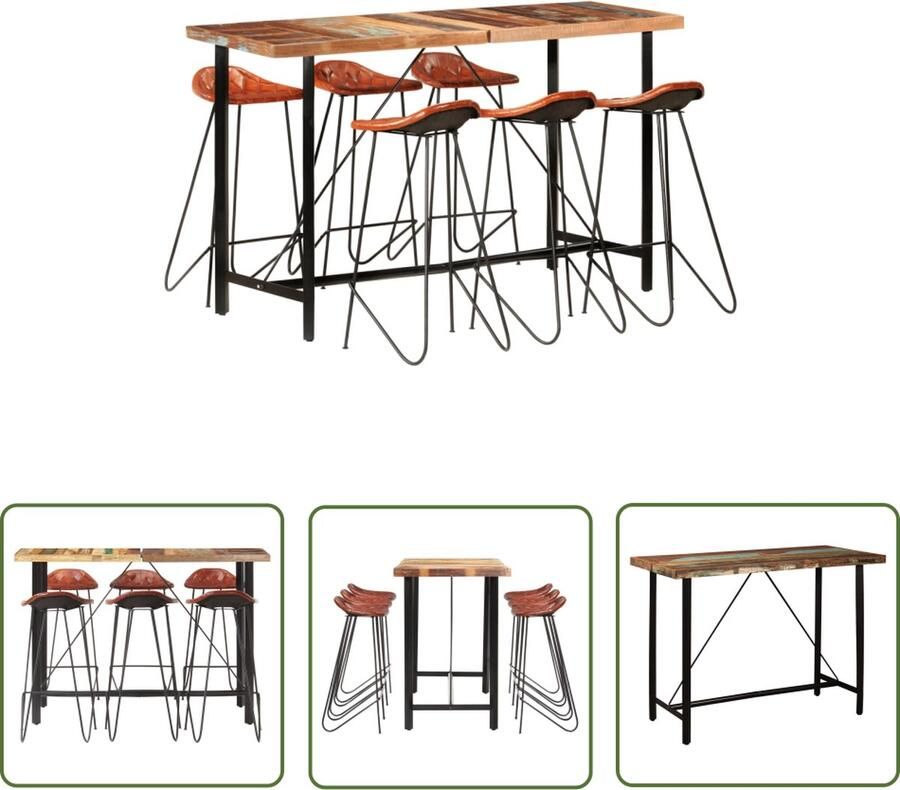 The Living Store Bartafelset Meerkleurig massief gerecycled hout en staal 150 x 70 x 107 cm Echt geitenleer 6 leren stoelen Bartafel Houten Bartafel Industriele Meubels Vintage Meubels Geitenleer - Foto 2