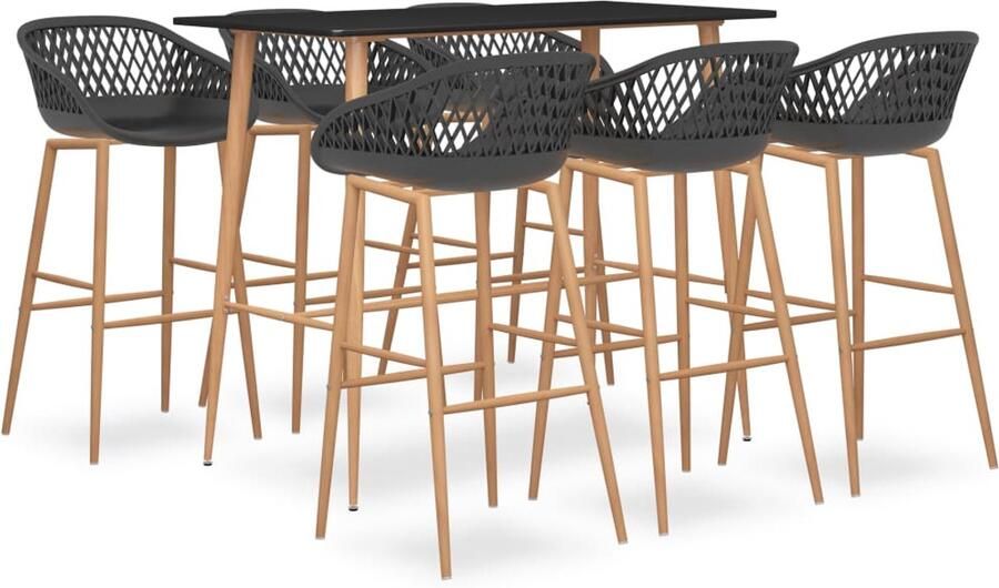 VidaXL 7-delige Barset Zwart en Grijs MDF & Metaal Bartafel Zwarte Bartafel Eetkamerstoel Set Tafeltje En Stoeltjes Lounge Meubilair