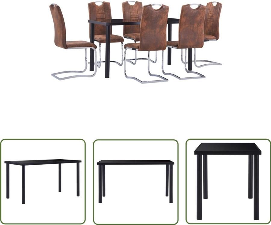VidaXL 7-delige Eethoek Bruin Kunstsuède Modern Design Eetkamerset Eettafel Eetkamerstoelen Bruine Stoelen Zwarte Tafel Kunstleder Meubels Salontafel