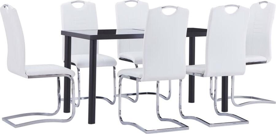 VidaXL 7-delige Eethoek van Kunstleer Wit Eetkamerset Eettafel Eetkamerstoelen Salontafel Keukenmeubilair Meubels Modern Design Zwart Glas Wit Leer - Foto 2