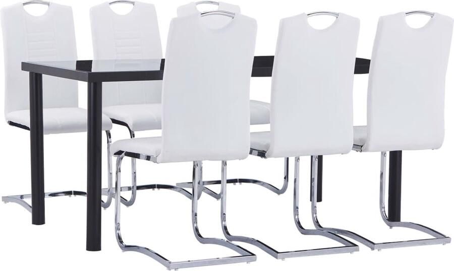 VidaXL 7-delige Eethoek Wit Kunstleer en Zwart Glas Eetkamerset Eettafel Eetkamerstoelen Glas Tafel Metalen Tafel Kunstleder Meubilair Moderne Eettafel Design Eethoek - Foto 2