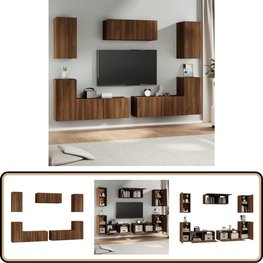 VidaXL 7-delige TV-meubelset bruin eikenhout TV Kast Tv Meubel Houten Tv Kast Wandmontage Tv Kast Salontafel Bergruimte Opbergkasten