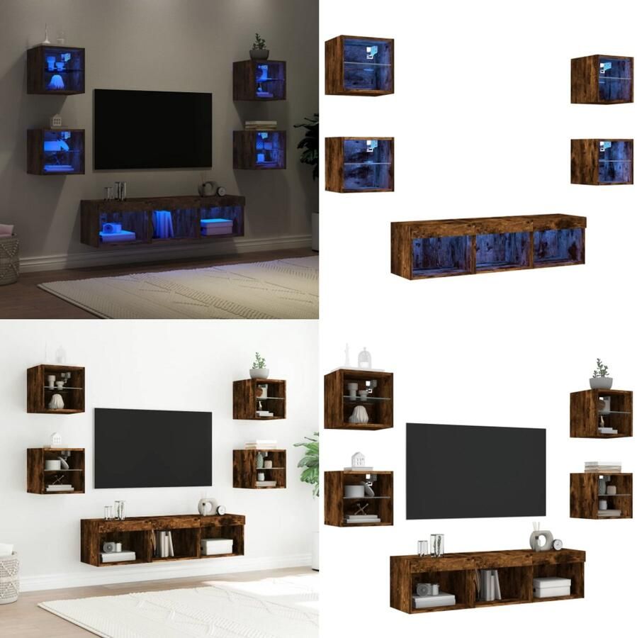 VidaXL 7-delige tv-wandmeubelset met LED bewerkt hout gerookt eiken Tv-wandmeubel Tv-wandmeubels Tv-meubel Televisiemeubel