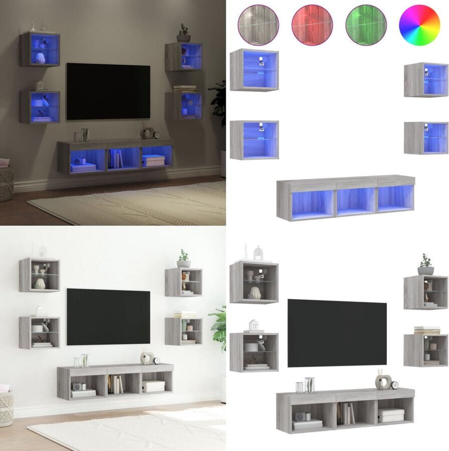 VidaXL 7-delige Tv-wandmeubelset met LED bewerkt hout grijs sonoma Tv-wandmeubel Tv-wandmeubels Tv-meubel Televisiemeubel
