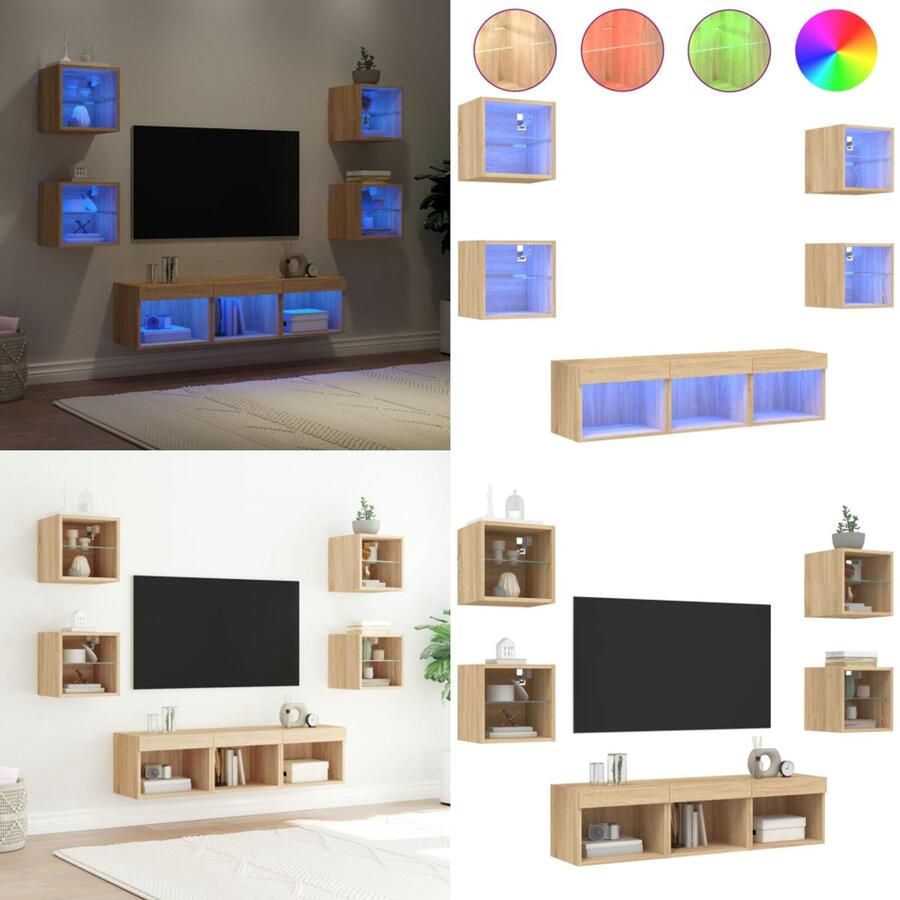VidaXL 7-delige Tv-wandmeubelset met LED bewerkt hout sonoma eiken Tv-wandmeubel Tv-wandmeubels Tv-meubel Televisiemeubel