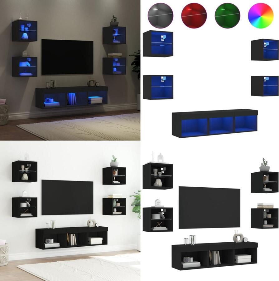 VidaXL 7-delige tv-wandmeubelset met LED bewerkt hout zwart Tv-wandmeubel Tv-wandmeubels Tv-meubel Televisiemeubel