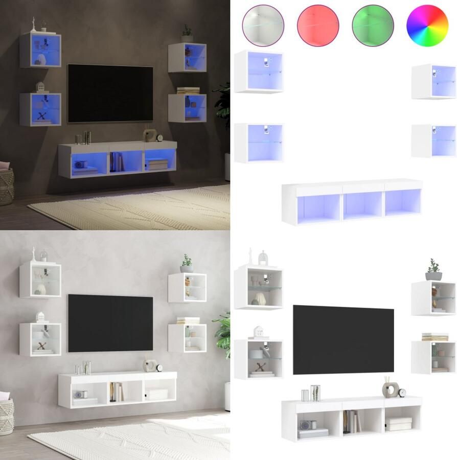 VidaXL 7-delige Tv-wandmeubelset met LED-verlichting bewerkt hout wit Tv-wandmeubel Tv-wandmeubels Tv-meubel Televisiemeubel