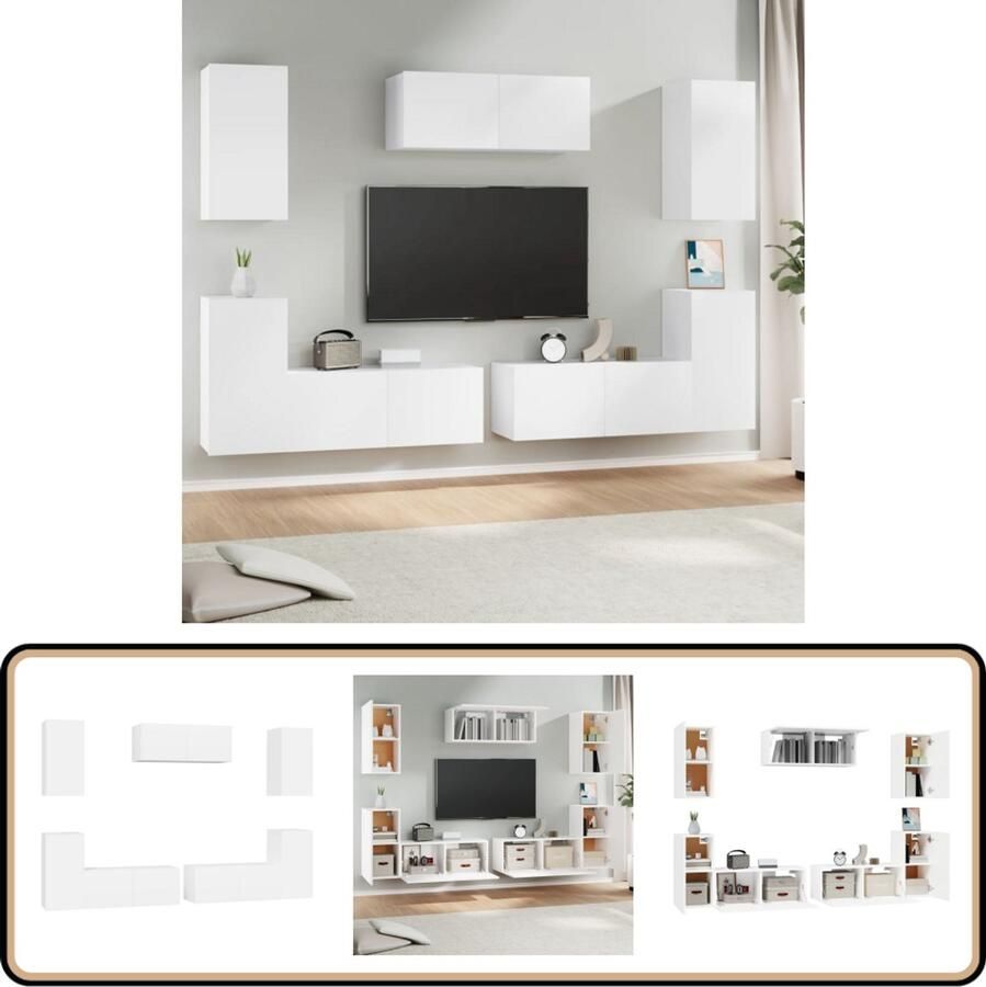 VidaXL 7-delige witte Tv-meubelset stijlvol & praktisch Televisiesecretaris Tv Kast Wandmontage Houten Tv Stand Salontafel Opbergvak