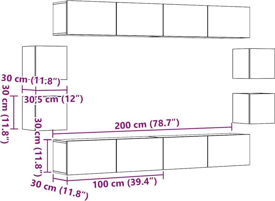 VidaXL 8-delig Tv-meubelset wandmontage bewerkt hout oud houtkleurig - Foto 2