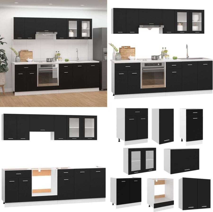 VidaXL 8-delige Keukenkastenset bewerkt hout zwart Keukenkast Keukenkasten Kast Kasten