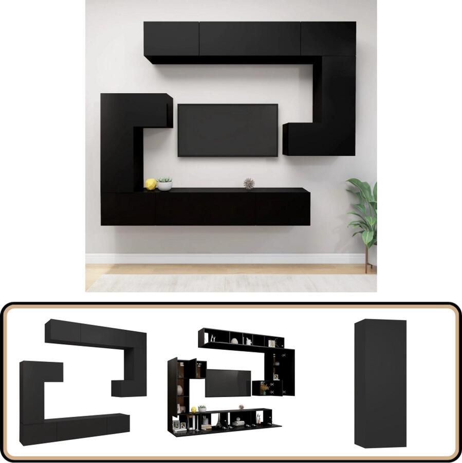 VidaXL 8-delige Tv-meubelset Bewerkt hout Zwart Tv Kast Houten Tv Kast Zwarte Tv Kast Tv Meubels Living Accessoires