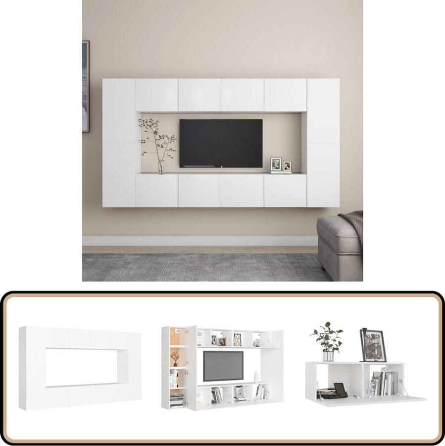 VidaXL 8-delige Tv-meubelset Bewerkte Hout Wit Tv-meubel Salontafel Houten Tv-stand Tv-kasten Mediabox Opslagruimte Livingroom Furniture White Furniture