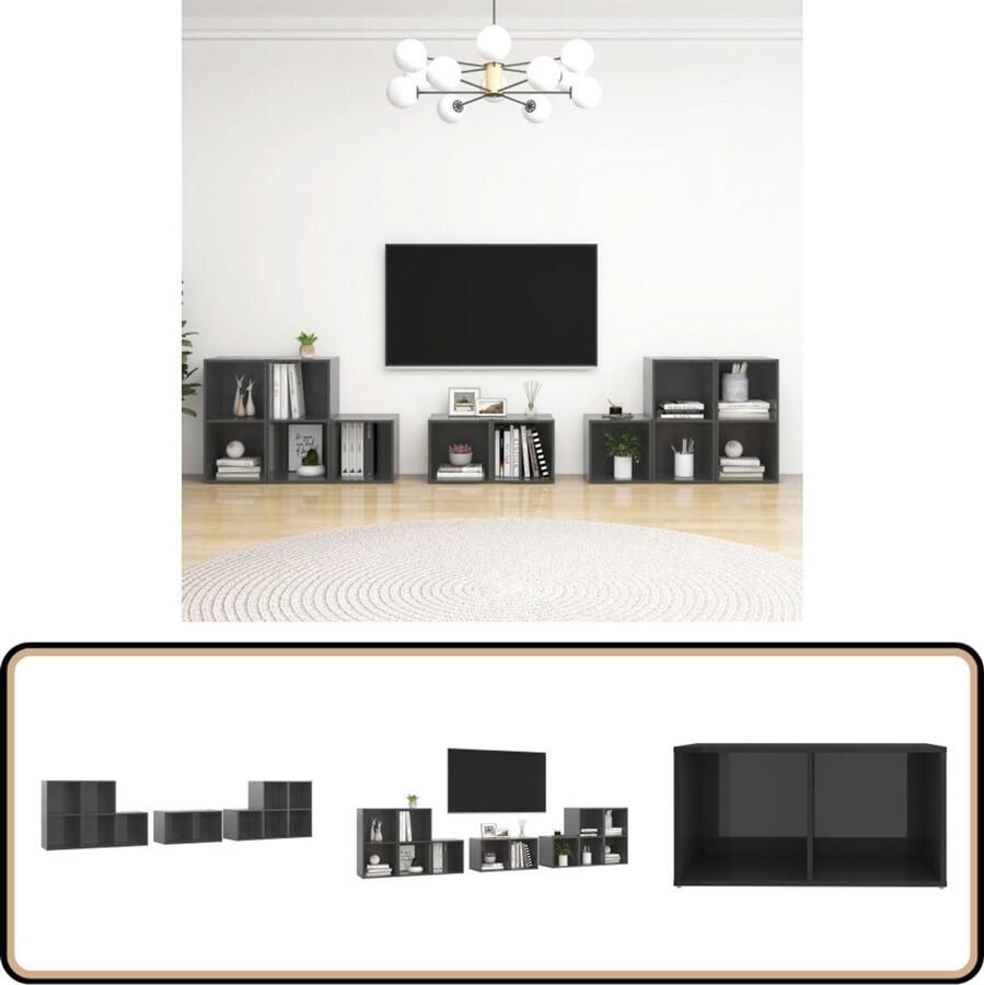 VidaXL 8-delige Tv-meubelset Hoogglans Grijs Hout Televisiescherm Tv Meubilair Salontafel Woonkamerinrichting Houten Meubelen
