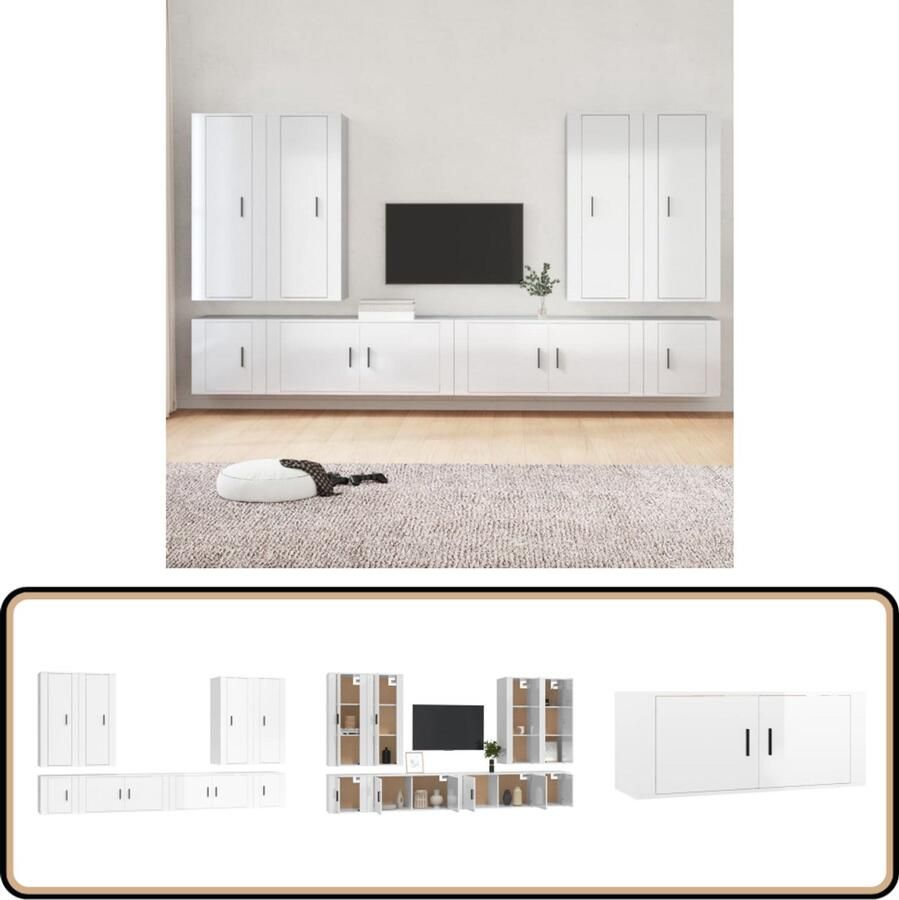 VidaXL 8-delige Tv-meubelset hoogglans wit Tv Kast Salontafel Houten Tv-kast Houtsoort White Furniture Living Room Furniture Opslagoplossing Wandmontage