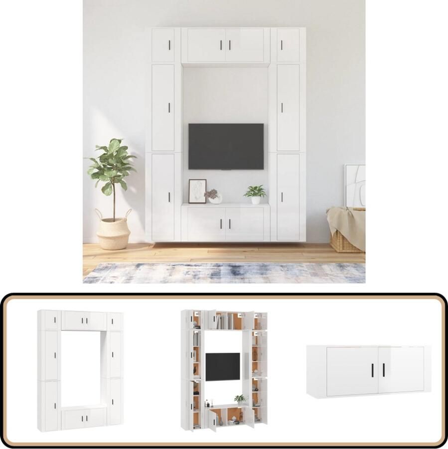 VidaXL 8-delige Tv-meubelset Hoogglans Wit TV-meubel Tv Kast Salontafel Houten Meubilair Hoogglans Wit Opbergkast Wandmontage