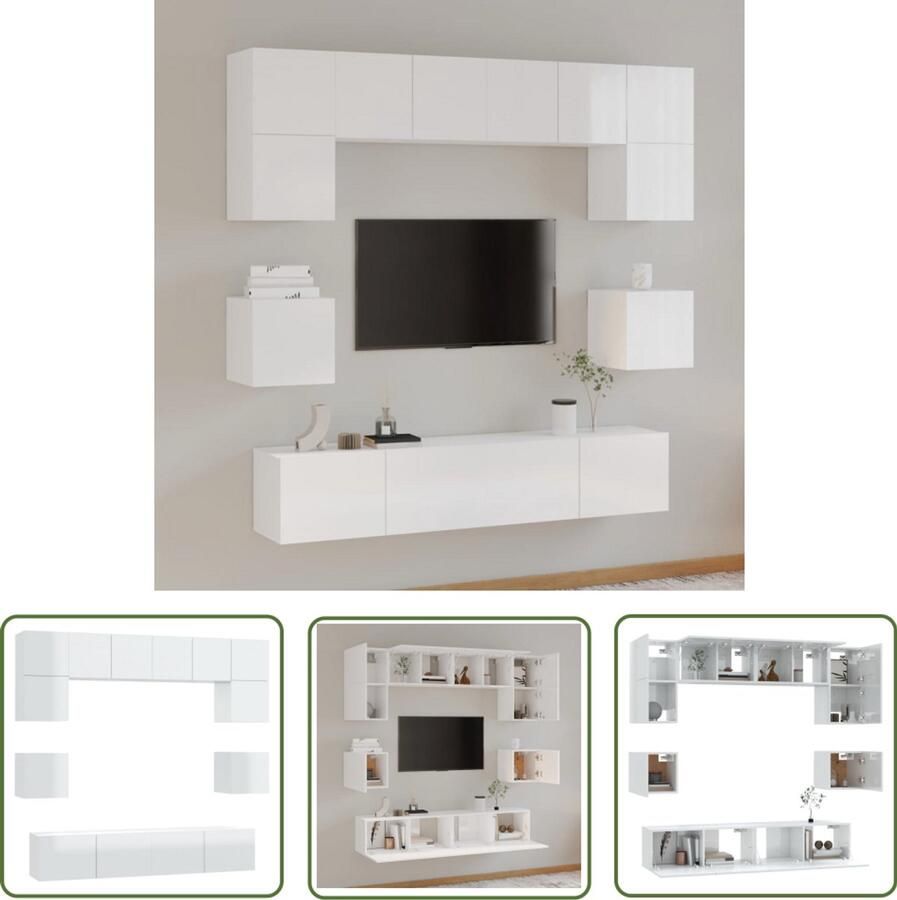 VidaXL 8-delige Tv-meubelset hoogglans wit TV Meubel Wandmontage Houten TV Kast Salontafel Opslagoplossing Livingroom Decor Modern Design Klassiek Design