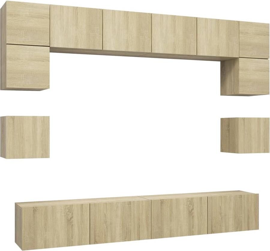 VidaXL 8-delige Tv-meubelset Sonoma eiken Spaanplaat Tv Kast Wandmeubel Salontafel Woonkamer Meubilair Houten Tv Stand Houten Kasten Sonoma Eiken Bruine Tv Kast Decoratief Tv Meubel Opslag Ruimte Media Center
