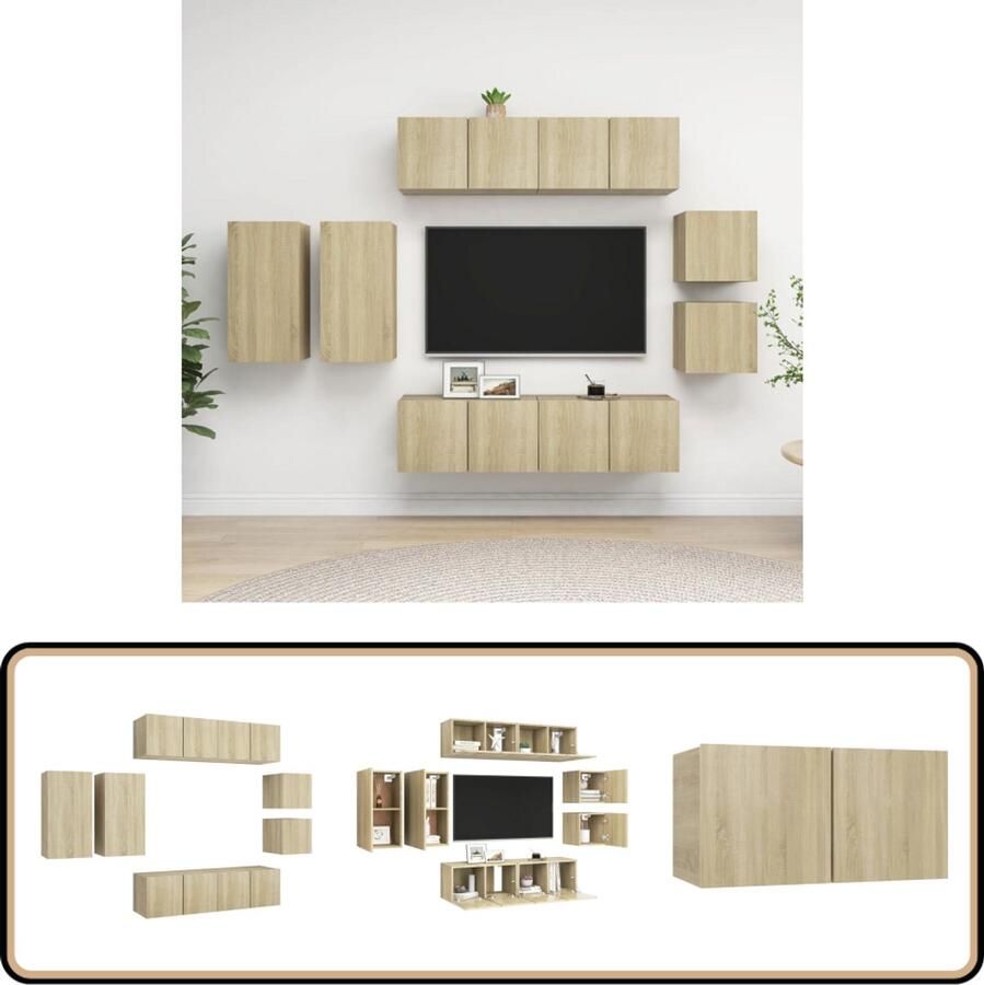 VidaXL 8-delige tv-meubelset Sonoma eiken Tv Kast Wandmontage Salontafel Houten Tv Kast Tv Meubelset Sonora Eiken Opbergruimte