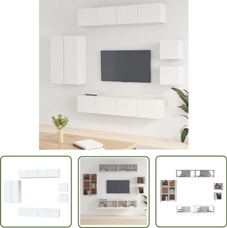 VidaXL 8-delige Tv-meubelset Wit Bewerkt hout Tv-meubel Wandmontage Houten Tv Kast Wit Tv Meubel Salontafel Opbergruimte