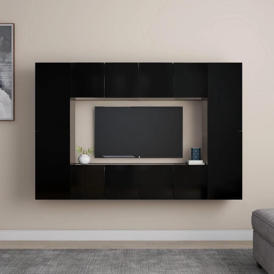 VidaXL 8-delige Tv-meubelset zwart hout Tv-meubel Televisiescherm Salontafel Wandmontage Houten Tv-stand Media Center Entertainment Unit Living Room Furniture Black Furniture - Foto 3