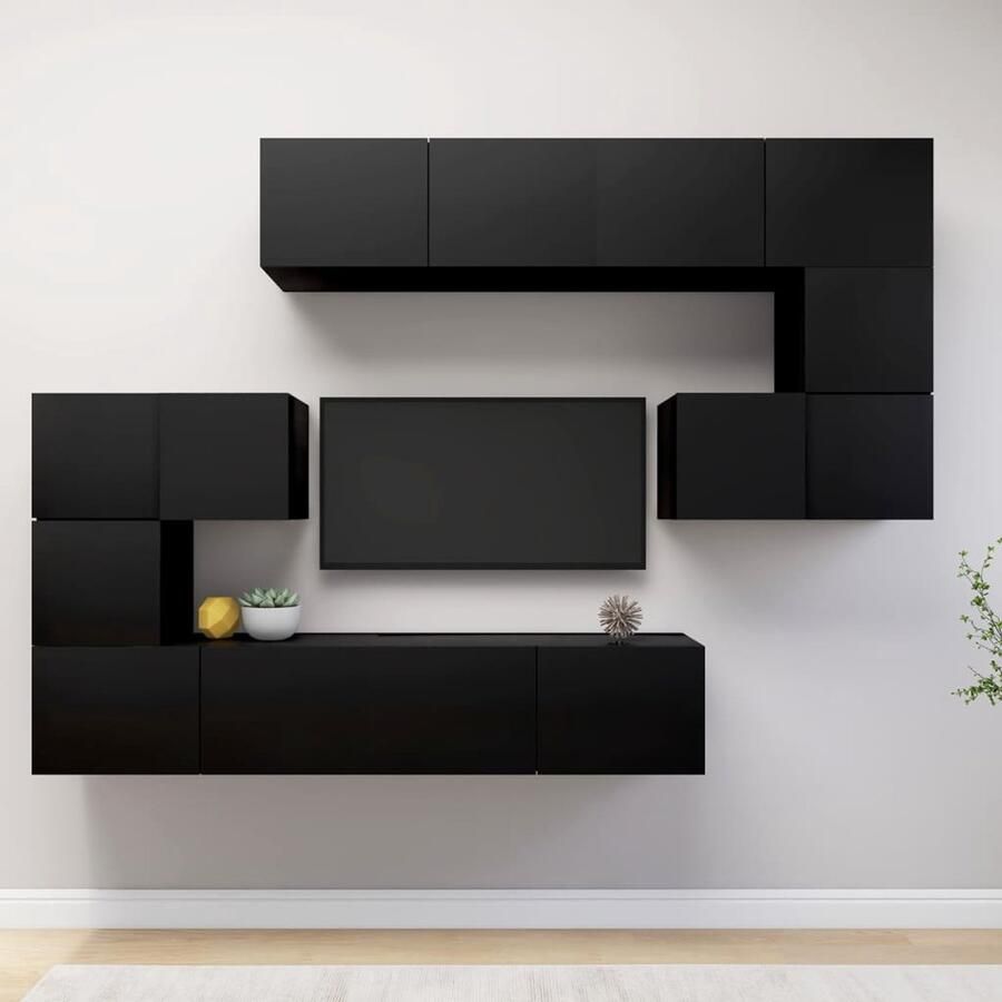 VidaXL 8-delige Tv-meubelset zwart hout Tv Kast Houten Tv Kast Tv Meubelset Wandmontage Tv Kast Black Tv Stand Media Kast Entertainment Center Living Room Furniture