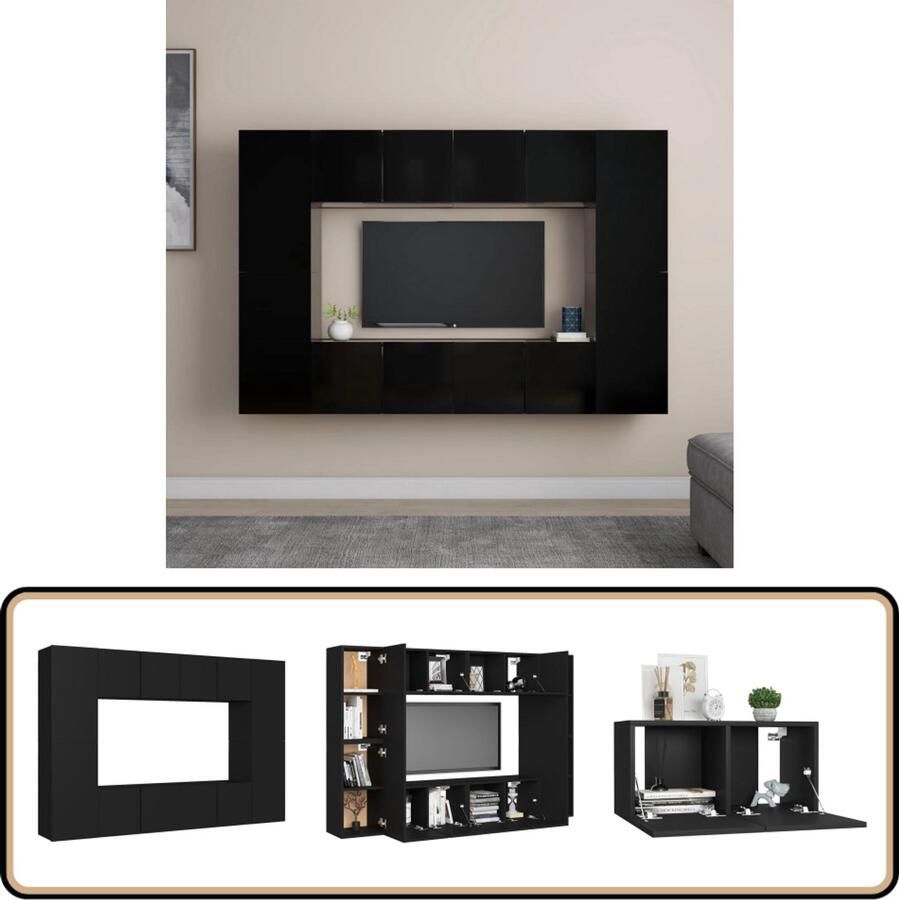 VidaXL 8-delige Tv-meubelset zwart hout Tv-meubel Televisiescherm Salontafel Wandmontage Houten Tv-stand Media Center Entertainment Unit Living Room Furniture Black Furniture