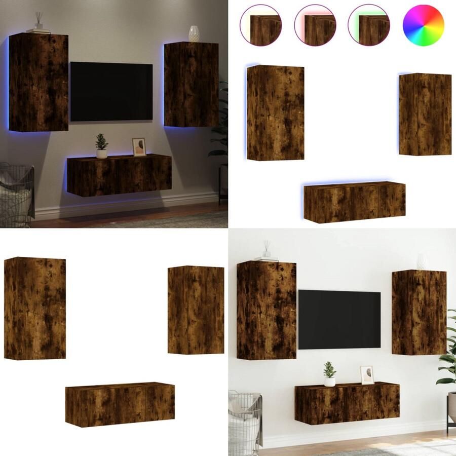 VidaXL 8-delige tv-wandmeubelset met LED bewerkt hout gerookt eiken Tv-wandmeubel Tv-wandmeubels Tv-meubel Televisiemeubel