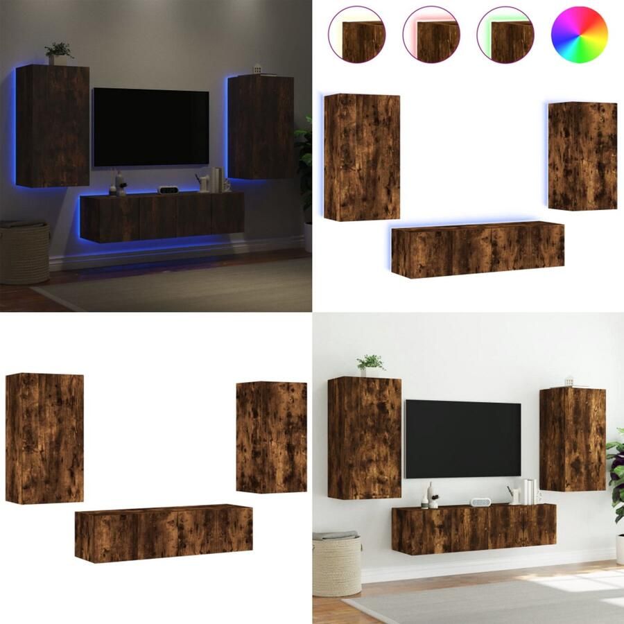 VidaXL 8-delige tv-wandmeubelset met LED bewerkt hout gerookt eiken Tv-wandmeubel Tv-wandmeubels Tv-meubel Televisiemeubel