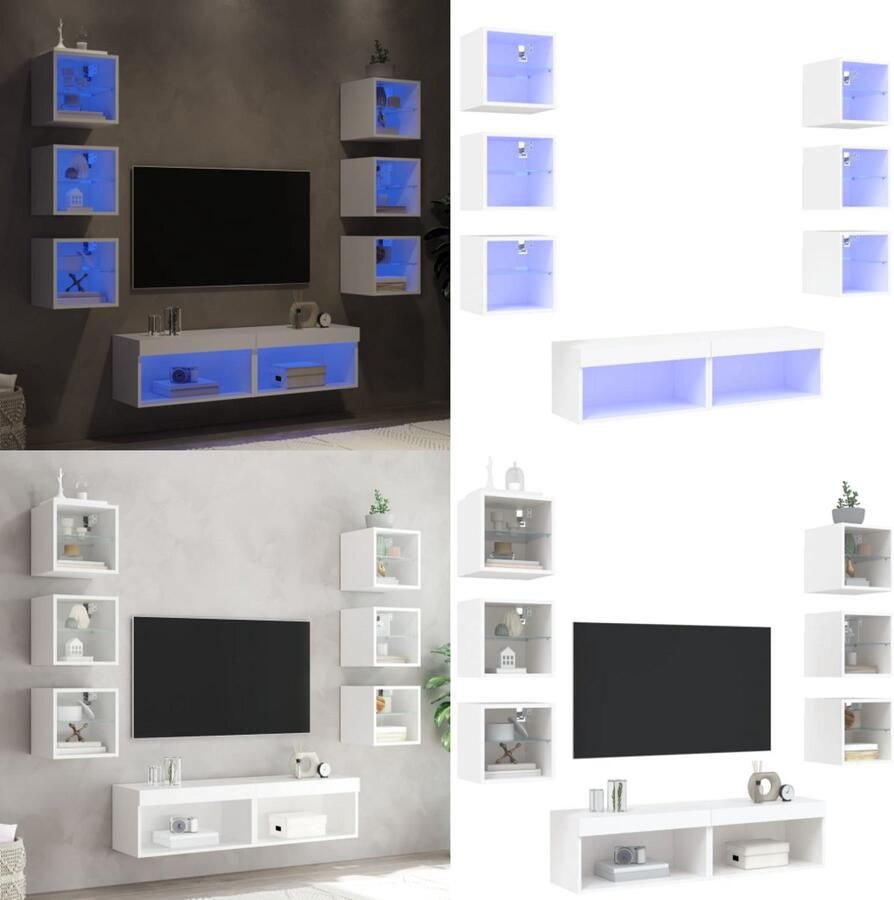 VidaXL 8-delige Tv-wandmeubelset met LED-verlichting bewerkt hout wit Tv-wandmeubel Tv-wandmeubels Tv-meubel Televisiemeubel