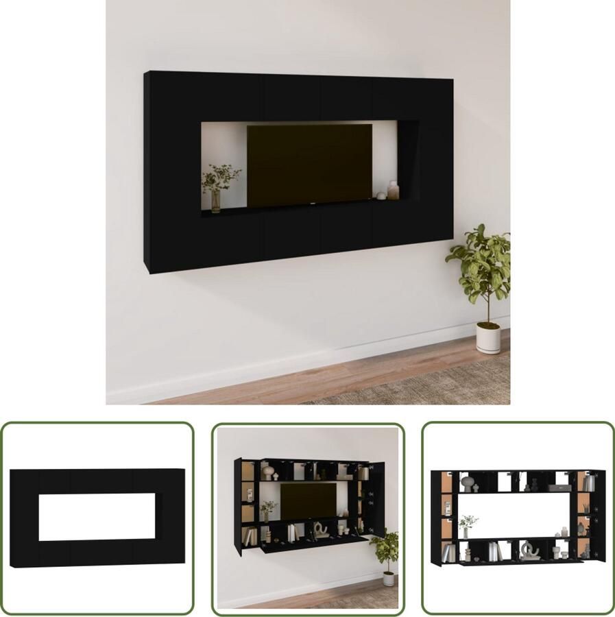 VidaXL 8-delige zwarte tv-meubelset hout Televisiesectie Wandtv Kast Tv Stand Houten Tv Tafel Klassieke Tv Unit Zwart Tv Meubel Livingroom Furniture Saloninrichting