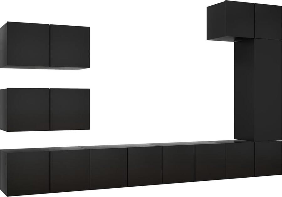 VidaXL 8-delige zwarte tv-meubelset stijlvol hout Tv-meubel Tv-kast Wandmontage Zwart Houten Tv-meubel Livingroomdecor Opbergruimte Media Center