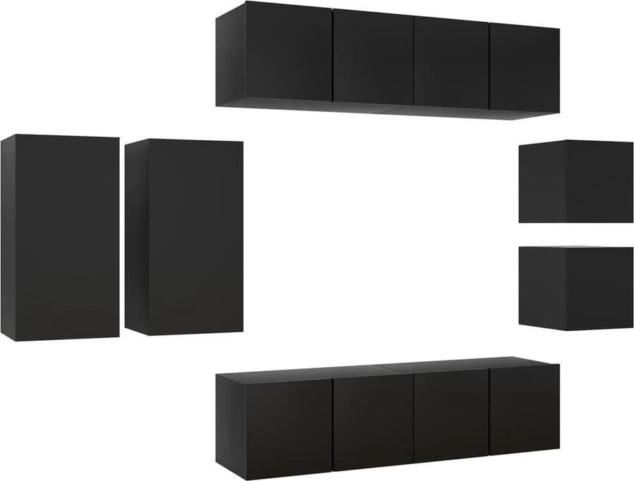 VidaXL 8-delige zwarte tv-meubelset van hout Tv Meubelset Houten Tv Kast Wandmontage Tv Kast Salontafel Media Kast Living Room Furniture Black Tv Stand