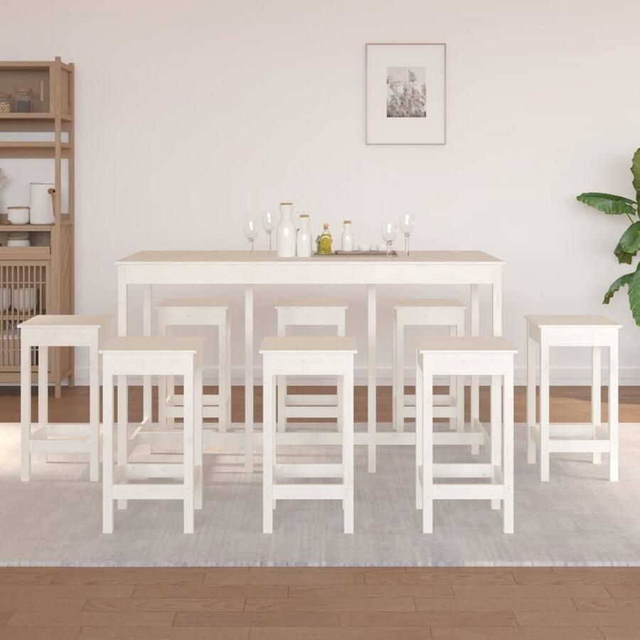 VidaXL 9-delige Barset Massief Grenenhout Wit Bartafel Eetkamer Set Houten Meubels Granenhout Witte Bartafel