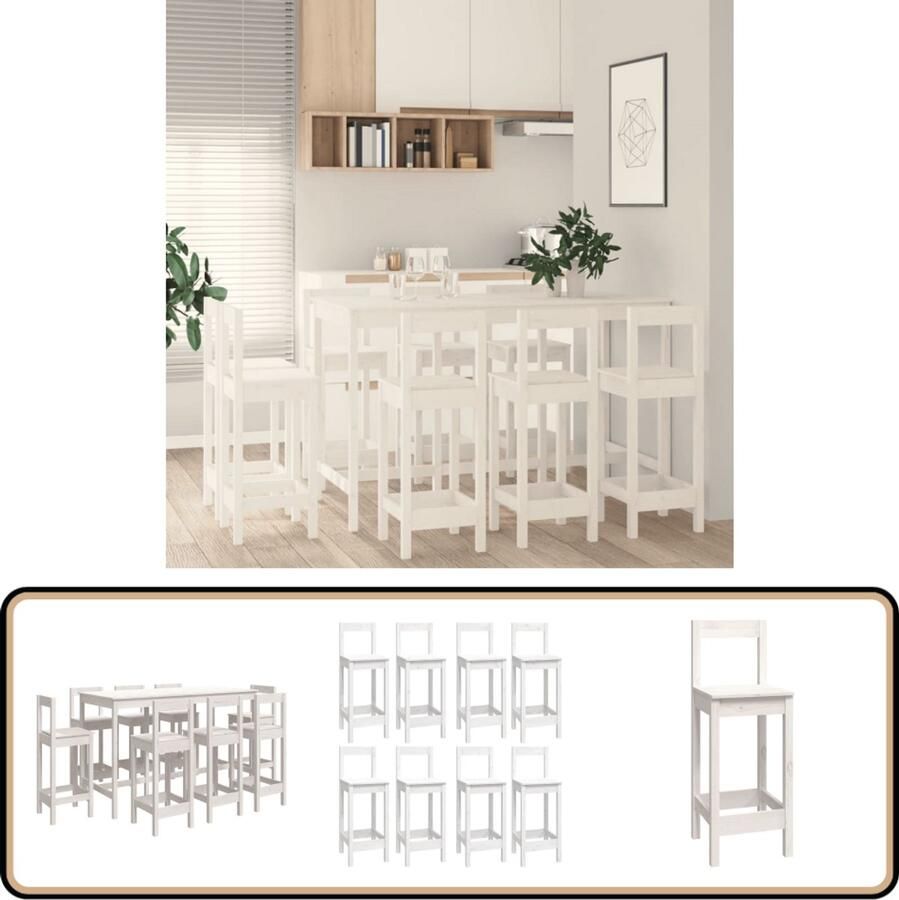 VidaXL 9-delige Barset Massief Grenenhout Wit Bartafel Houten Bartafel Barset Bistroset Pubset Eetkamer Meubels Salon Meubels Vita XL