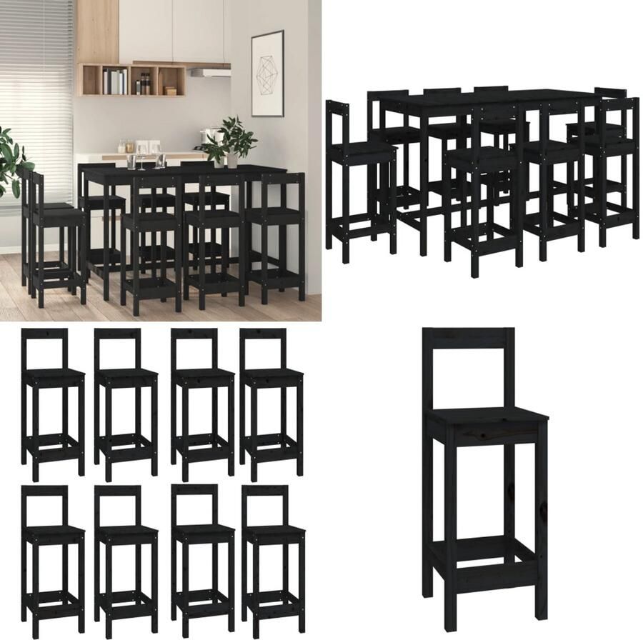 VidaXL 9-delige Barset massief grenenhout zwart Barset Barsets Pubset Bistroset