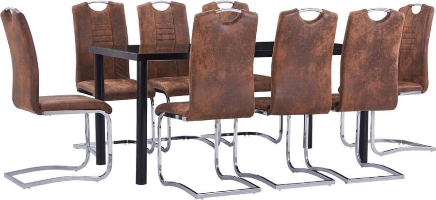 VidaXL 9-delige Eethoek Bruin Kunstsuède Zwart Glas Eetkamerset Eettafels Eetkamerstoelen Salontafel Meubels Bruine Eetkamer Zwarte Eettafel Moderne Eetkamer - Foto 2