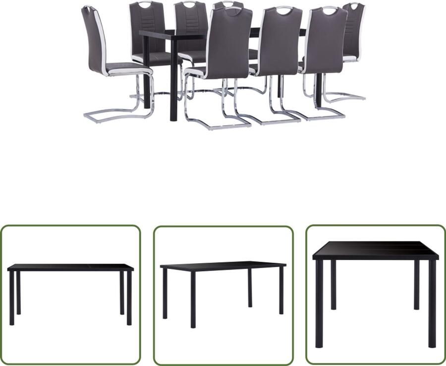 VidaXL 9-delige Eethoek Kunstleer Grijs Eettafel Set Eetsalon Eetkamer Meubels Salontafel Dining Set Zwarte Eettafel Grijze Stoelen Kunstleder Stoelen