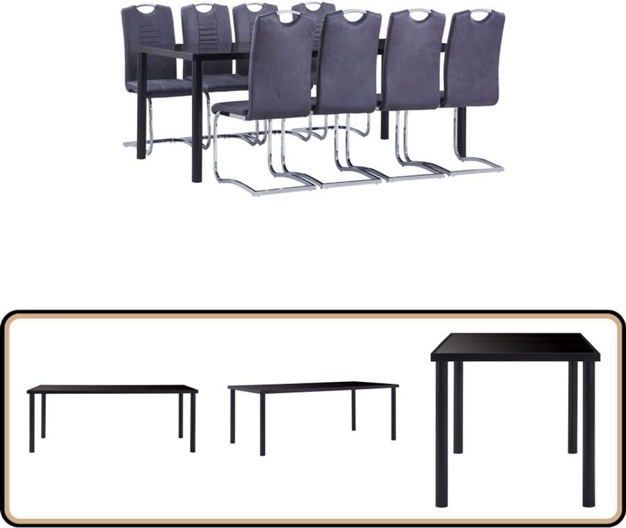 VidaXL 9-delige Eethoek Zwart & Grijs Design Eetkamerset Zwarte Tafel Grijze Stoelen Eettafel Tuinset Salontafel Dining Set Keukenmeubilair Luxe Meubels Modern Design