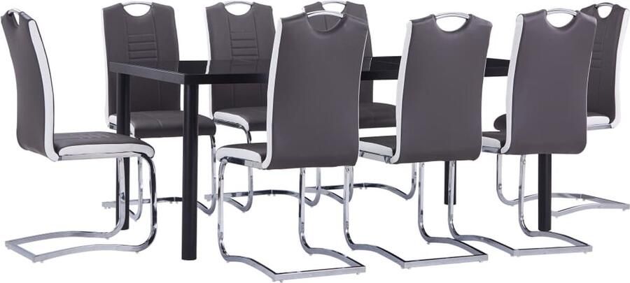 VidaXL 9-delige Eethoek Zwart Glas & Grijs Kunstleer Eetkamerset Eettafels Dining Chairs Salontafel Tuinset Buitentafel Terrasmeubilair Zwarte Eettafel Grijze Eetkamerstoelen - Foto 2